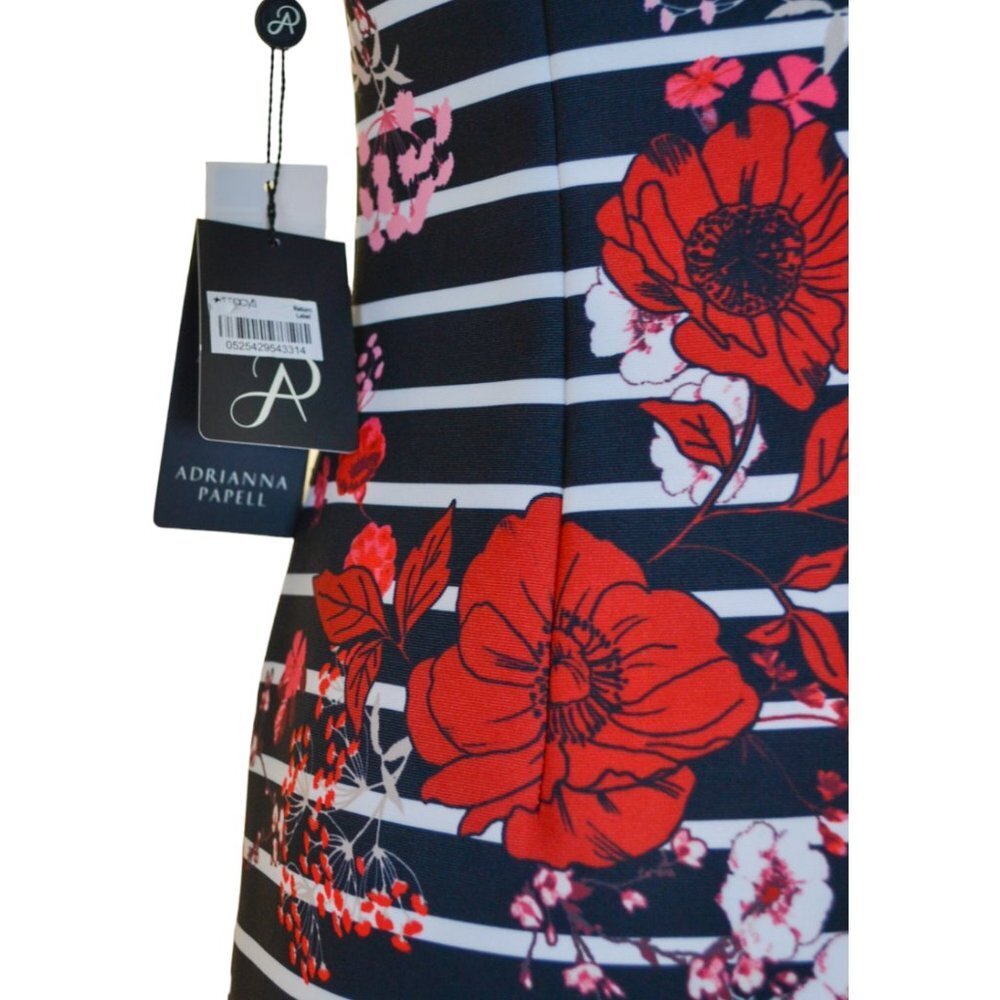 Adrianna Papell NWT Floral & Stripe Dress — Red / Pink / White on Black, Size 12 - Picture 9 of 15
